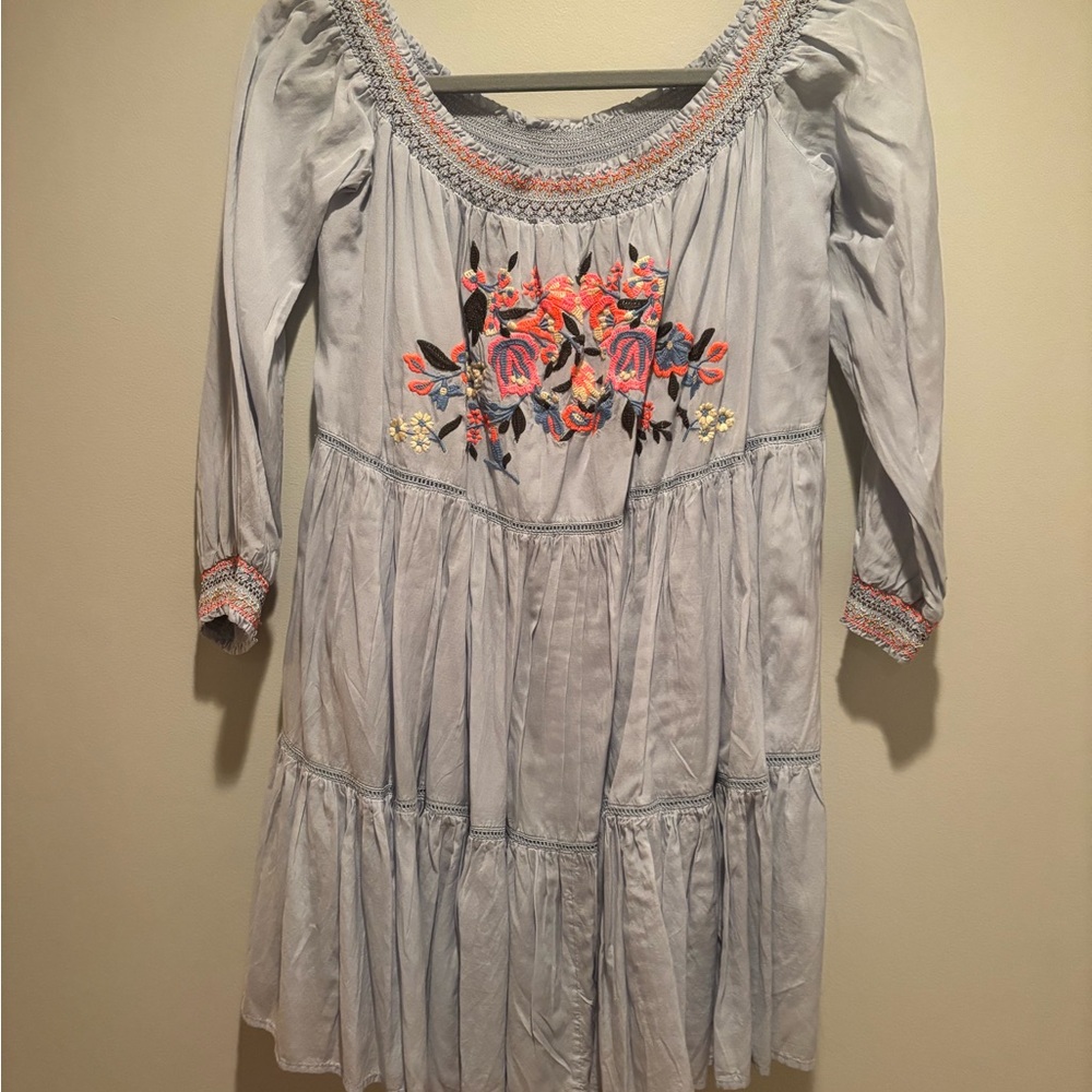 Free People Blue Dress with Colorful Embroidery